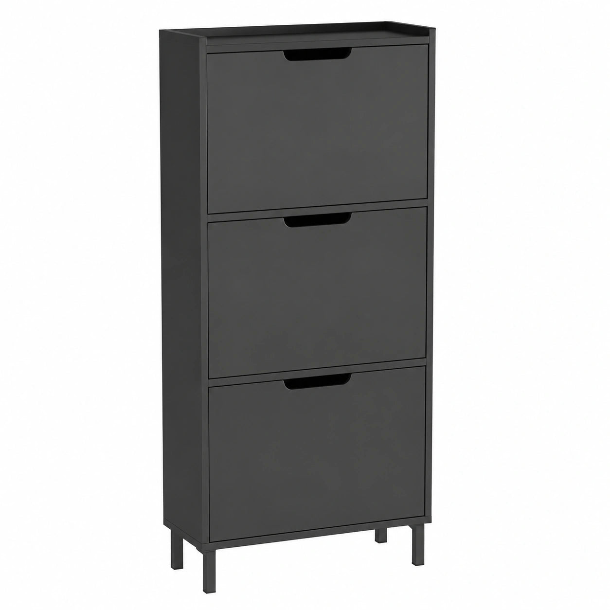 SoBuy Schmaler Schuhschrank mit 3 Klappen, platzsparend, Hochkommode mit 3 Ablagen, geschlossener Schuhkipper für Diele und Flur, 50x129x19cm, Schwarz