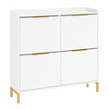Schmaler Schuhschrank mit 4 Klappen, Weiß Hochglanz mit goldenen Griffen, für Flur und kleine Wohnungen, MDF und Eisen, 25kg Tragkraft, B100xH88,5xT19cm