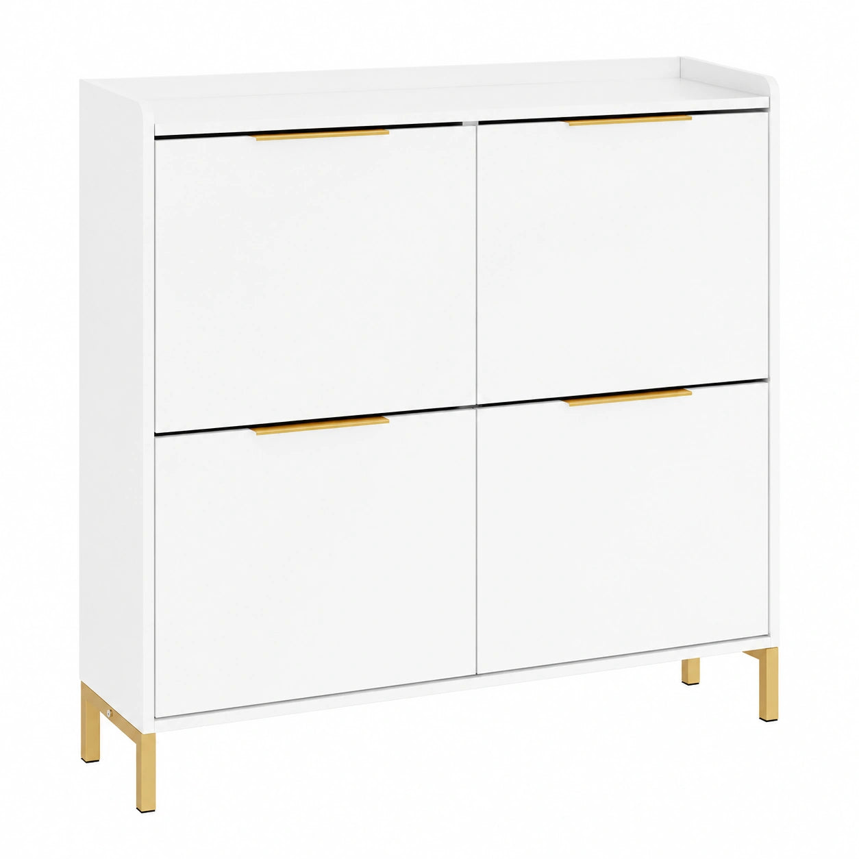 Schmaler Schuhschrank mit 4 Klappen, Weiß Hochglanz mit goldenen Griffen, für Flur und kleine Wohnungen, MDF und Eisen, 25kg Tragkraft, B100xH88,5xT19cm