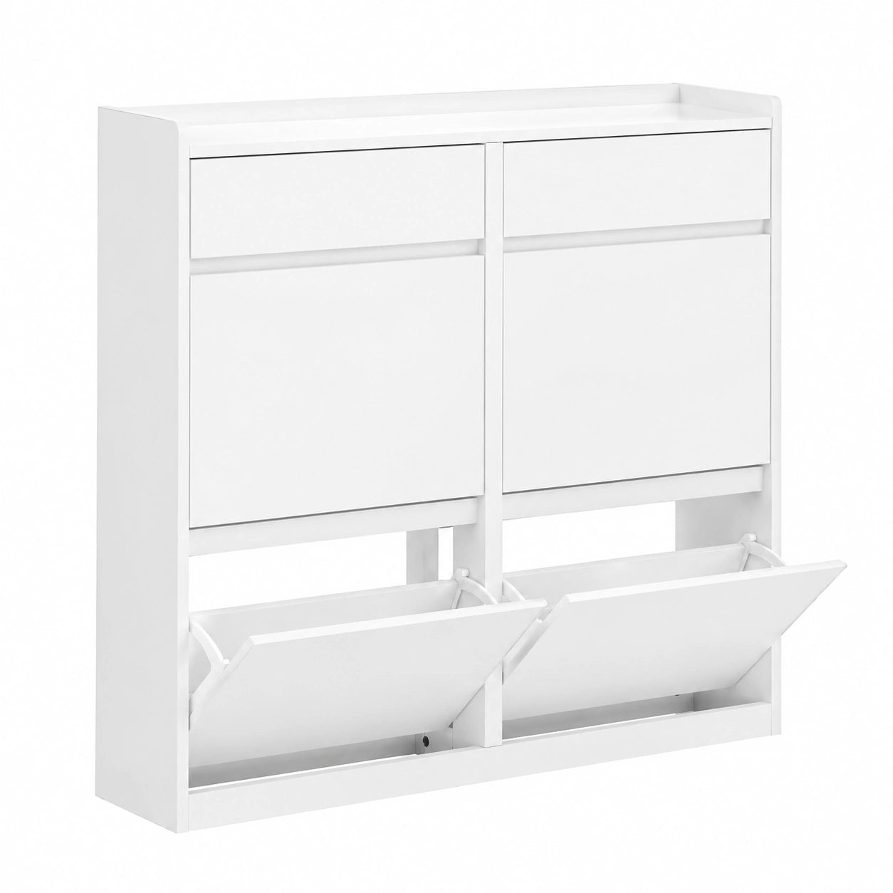 SoBuy Schuhschrank mit 4 Klappen, Weiß, Platzsparendes Design, Schuhregal mit Ablageflächen, Maße: 98x95x19cm