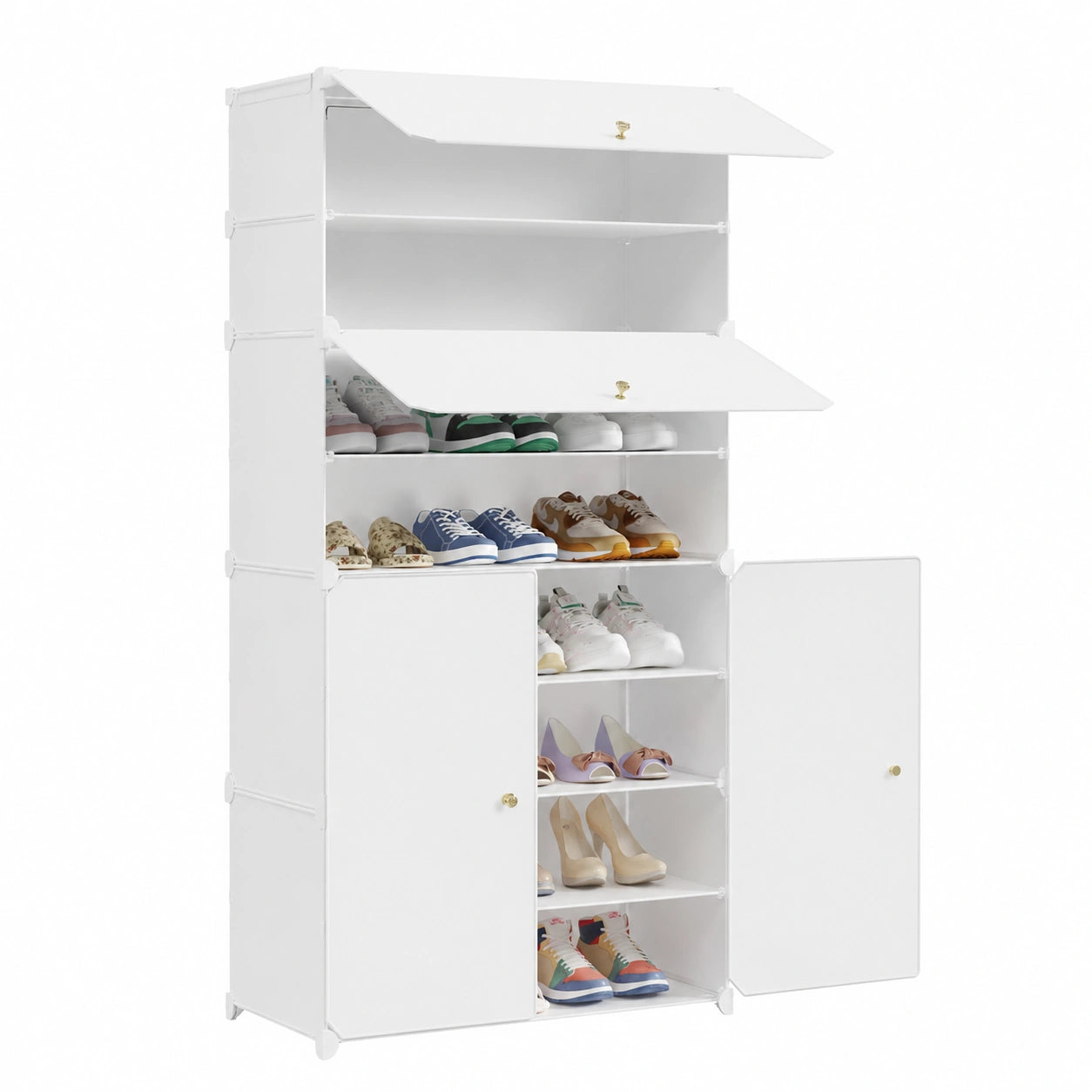 Mondeer Schuhregal mit Türen, 8 Ebenen, Verstellbarer Kunststoffschrank, Weiß, 30x60x123 cm