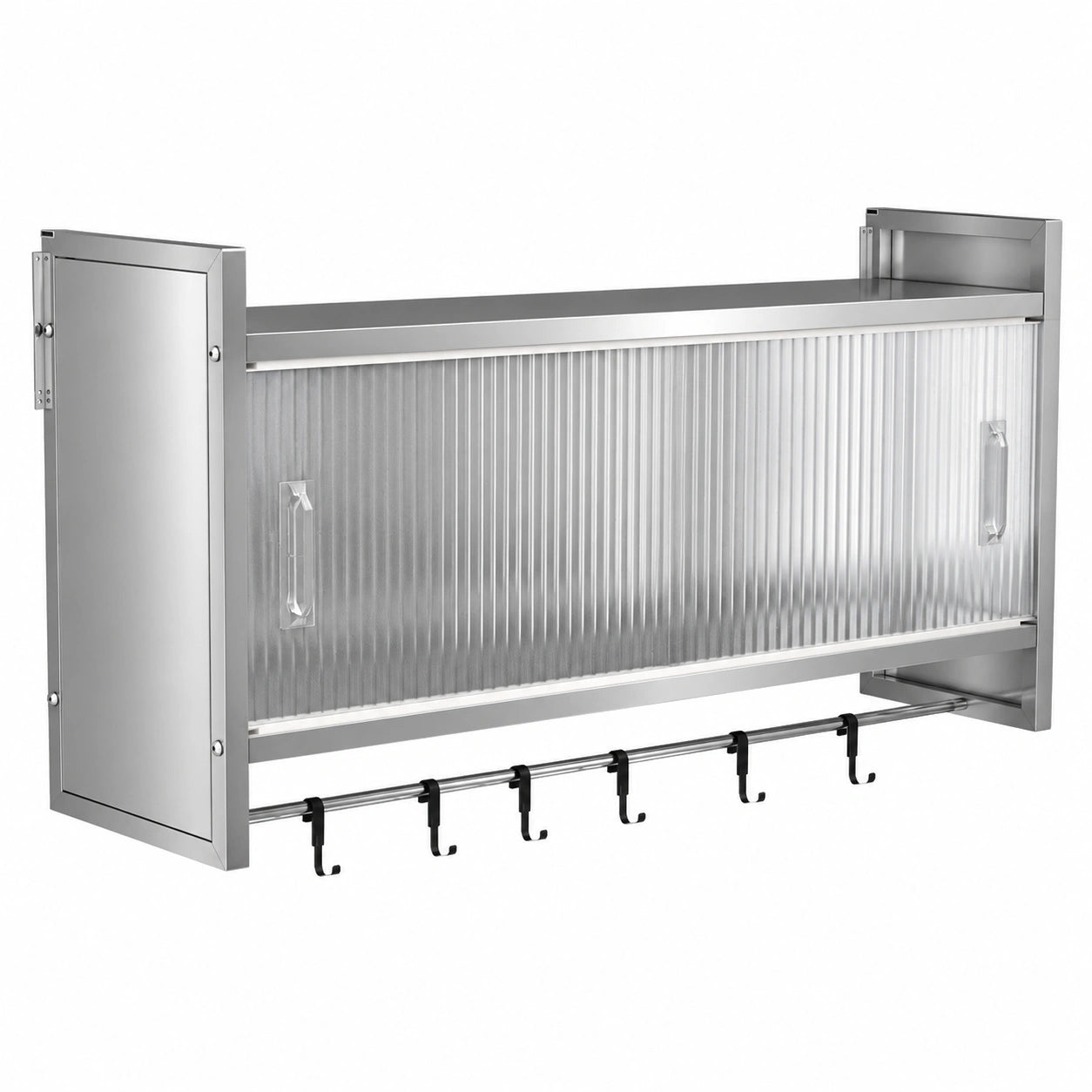 Wandhängeschrank aus Edelstahl mit Schiebetür, vielseitig für Küche und Garten, inklusive Haken und Querstangen, 100x25x46cm