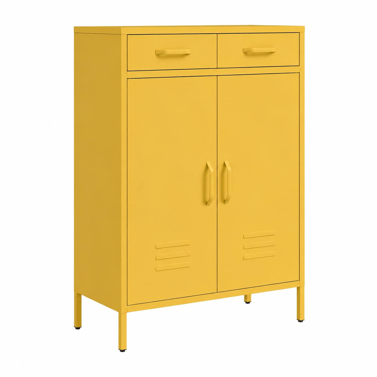 Gelber Metallschrank mit 2 Fächern & Schubladen – Moderner Industriestil Sideboard – Vielseitiger Aufbewahrungsschrank