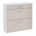 Schmaler Schuhschrank Roma Air mit Klappen und Schublade, Platzsparend für Flur, Weiß matt/Sandgrau Hochglanz (89x87x23 cm)