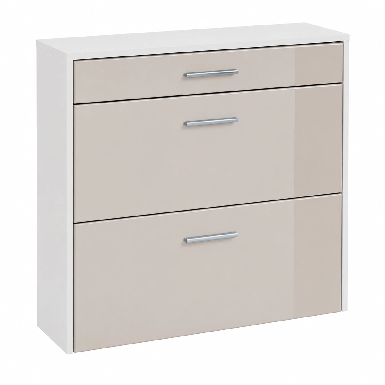 Schmaler Schuhschrank Roma Air mit Klappen und Schublade, Platzsparend für Flur, Weiß matt/Sandgrau Hochglanz (89x87x23 cm)