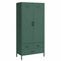 Moderner Metall-Kleiderschrank Atria mit 6 Fächern, 2 Kleiderstangen und 3 Schubladen in Dunkelgrün, 80 cm breit