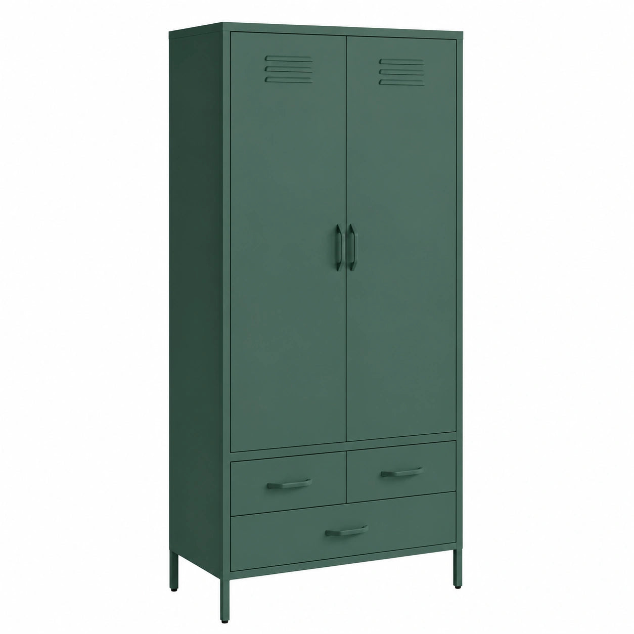 Moderner Metall-Kleiderschrank Atria mit 6 Fächern, 2 Kleiderstangen und 3 Schubladen in Dunkelgrün, 80 cm breit