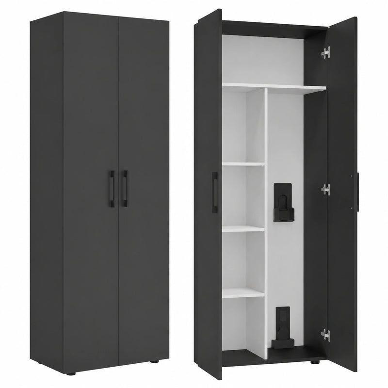 Bellamio Mehrzweckschrank Schwarz mit Stauraum und Staubsaugerfach - Holzputzschrank für Haushalt