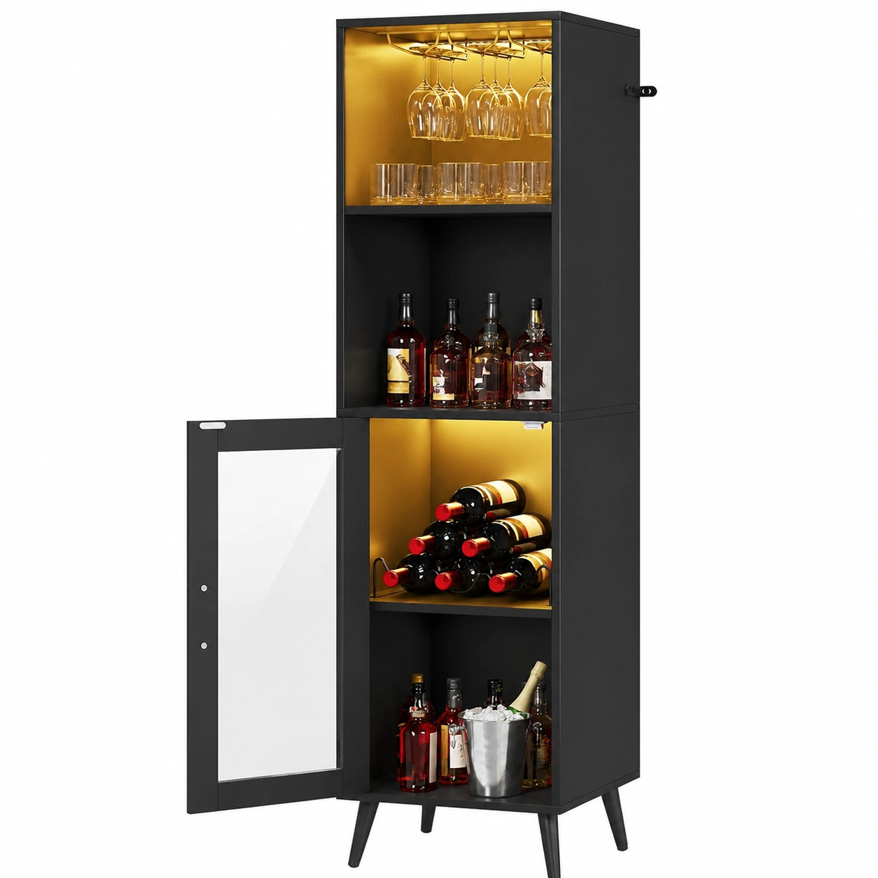 YITAHOME LED-Barschrank mit Weinregal und Acryl-Schiebetüren, Küchenbuffet für Esszimmer oder Wohnzimmer, Schwarz