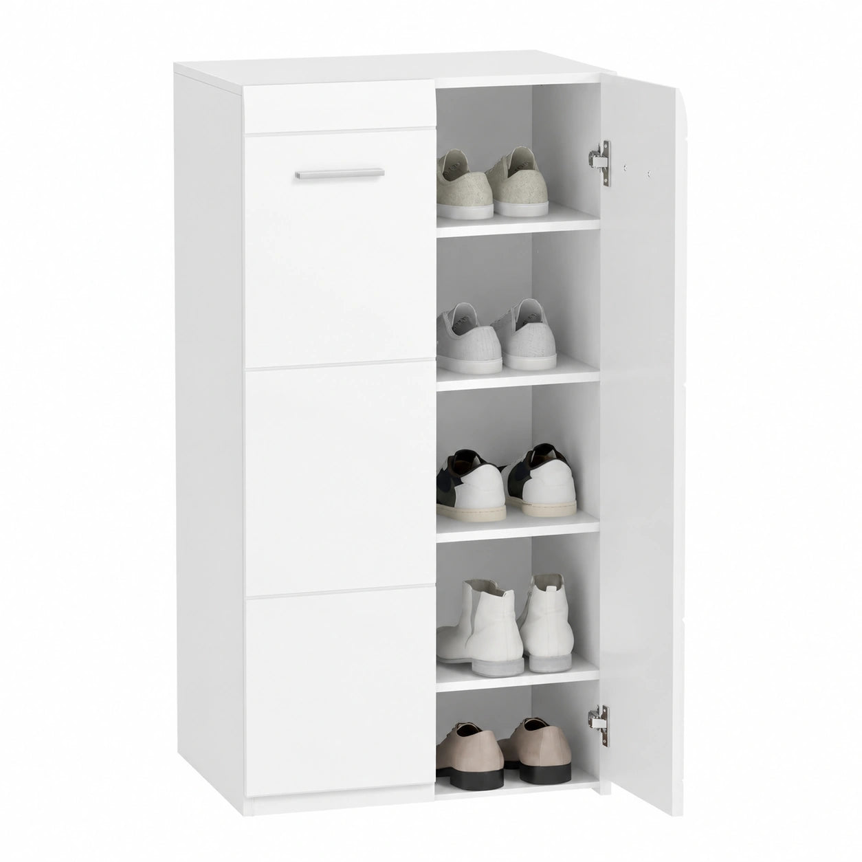 HOMCOM Schuhschrank mit 2 Türen und 5 Ebenen, Verstellbare Regale, Platz für 10 Paar Schuhe, Hochglanz Weiß, 55x36x108cm