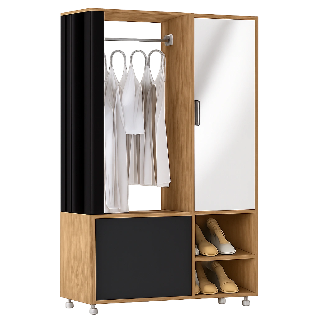 HOMCOM Garderoben-Set mit Spiegel, Kleiderstange und Schuhschrank, 8 Regalböden, 80x30x175 cm, Holzoptik