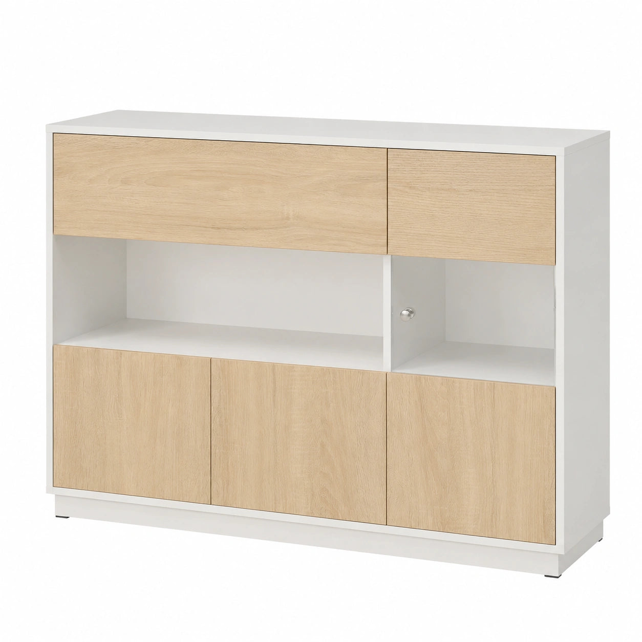 WOLTU Holz-Sideboard mit Schubladen und Türen, Stauraumkommode für Wohn- und Schlafzimmer, Flur, 100 x 80 x 40 cm, Eiche Hell & Weiß