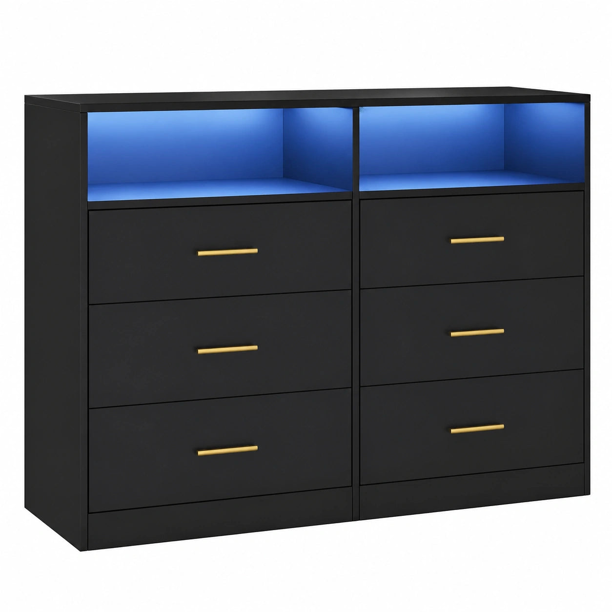 VASAGLE Moderne Kommode mit LED und Steckdose, 6 Schubladen, Wohnzimmer & Schlafzimmer, Schwarz