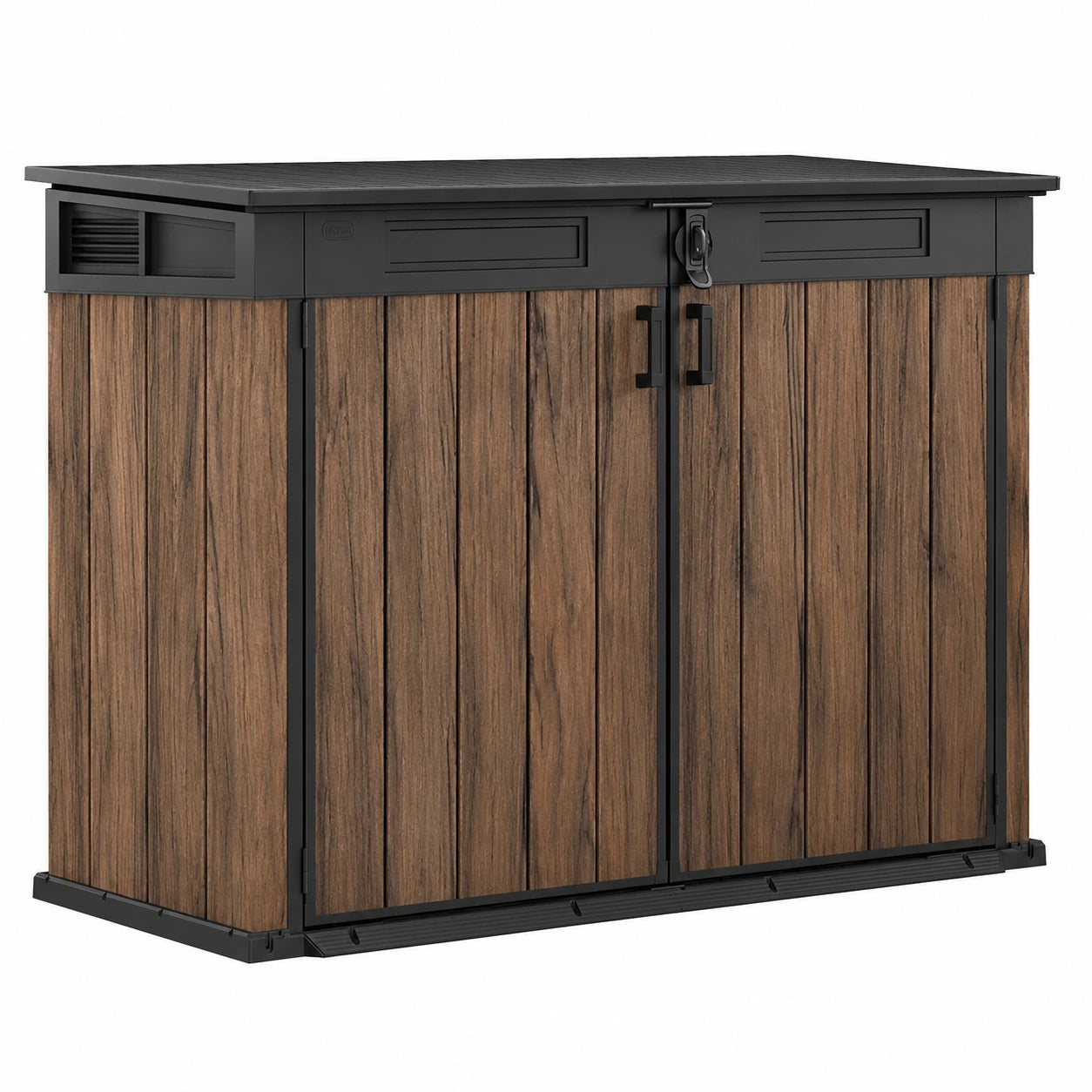 Keter Signature Gartenschrank, wetterfest, abschließbar, 2020 L Stauraum, Gasdruckfedern, Rosenholz-Design, passend für 2x 360-l-Mülltonnen