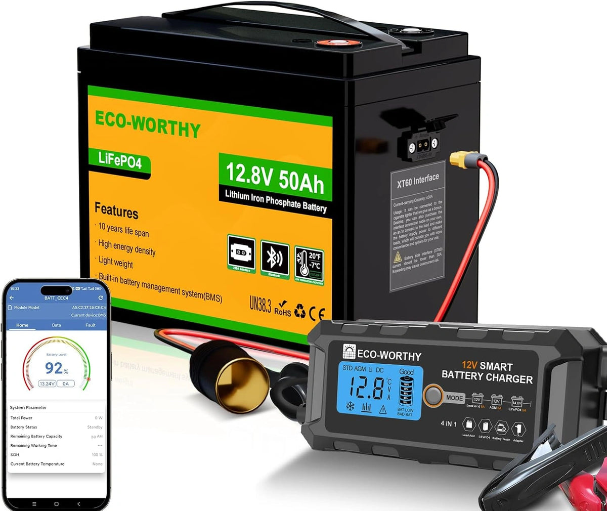 Akumulator ECO-WORTHY LiFePO4, 50 Ah, 640 Wh, 12 V, kolor czarny