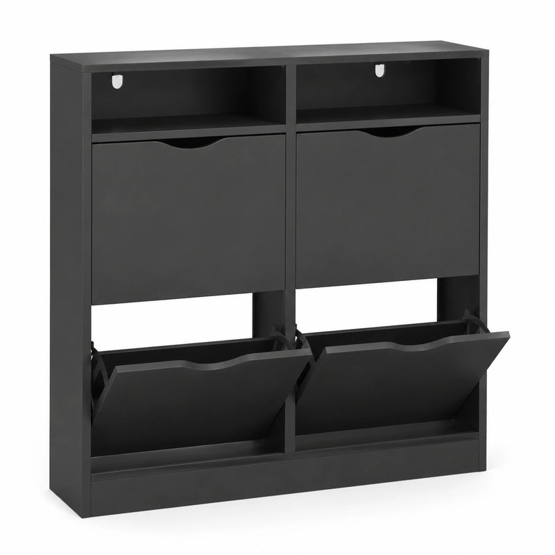 ELUCHANG Platzsparender Schuhschrank mit 4 Klappen, Schwarz, für Flur und Garderobe
