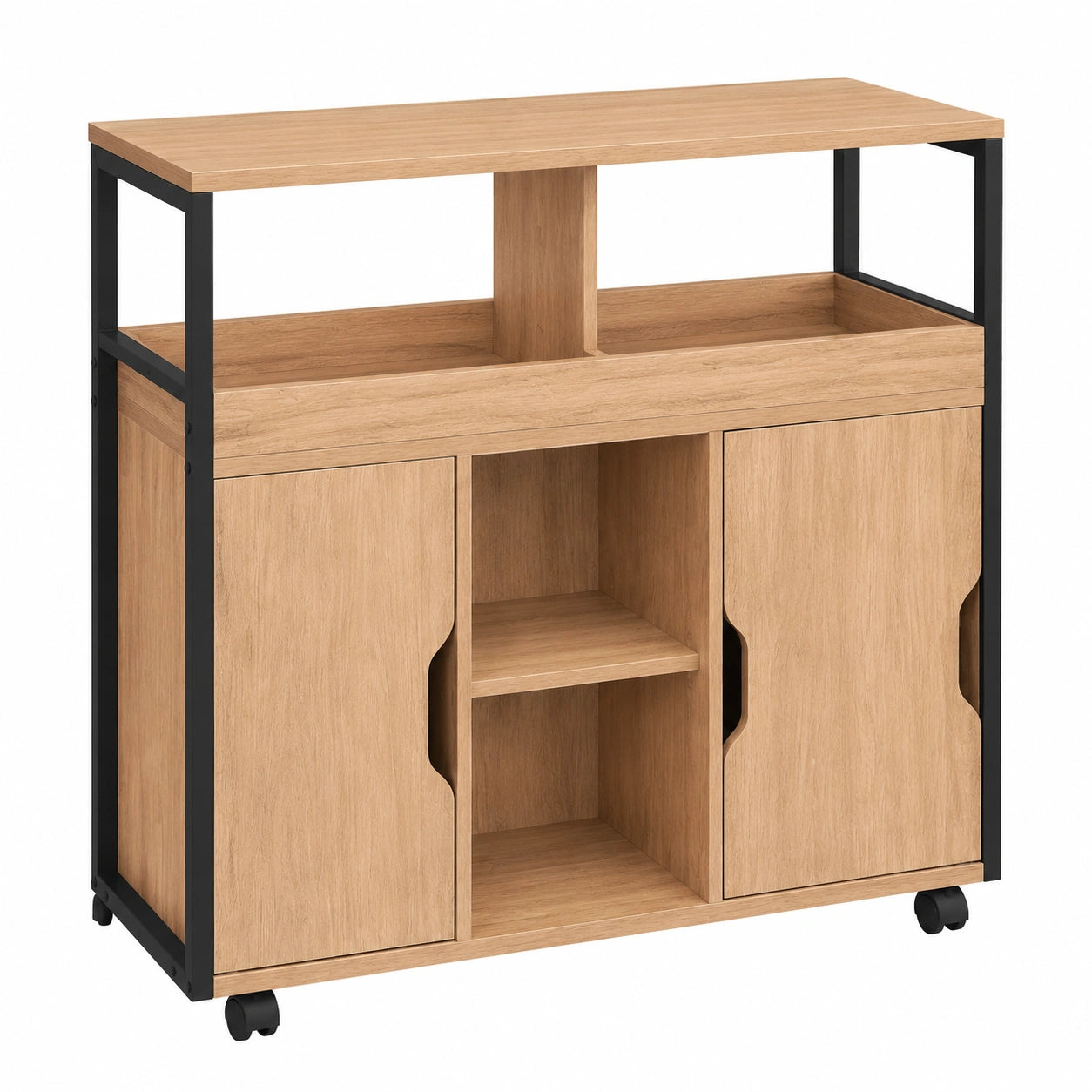 EUGAD Schmaler Badschrank mit Schiebetüren und Rollen, Verstellbare Regalböden, 2 offene Fächer, 70x70x20 cm, Schwarz Eiche Dekor