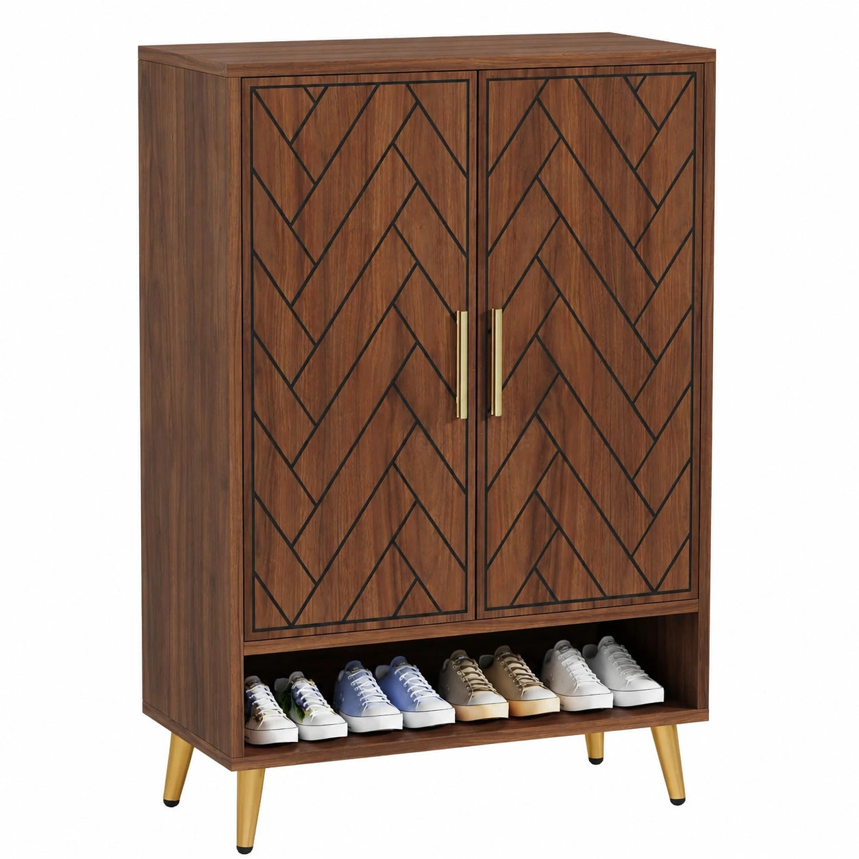 Tribesigns Schuhschrank mit Doppeltüren, Platz für 25 Paar Schuhe, Walnuss, 75x37x110cm