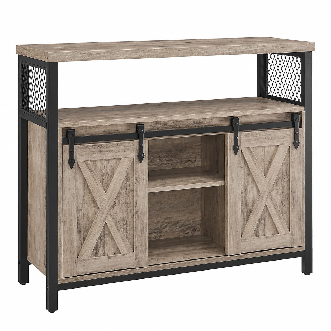 VASAGLE Sideboard im Landhausstil, Küchenschrank mit verstellbaren Ablagen, 2 Schiebetüren, 33 x 100 x 80 cm, ideal für Wohnzimmer, Greige-Schwarz