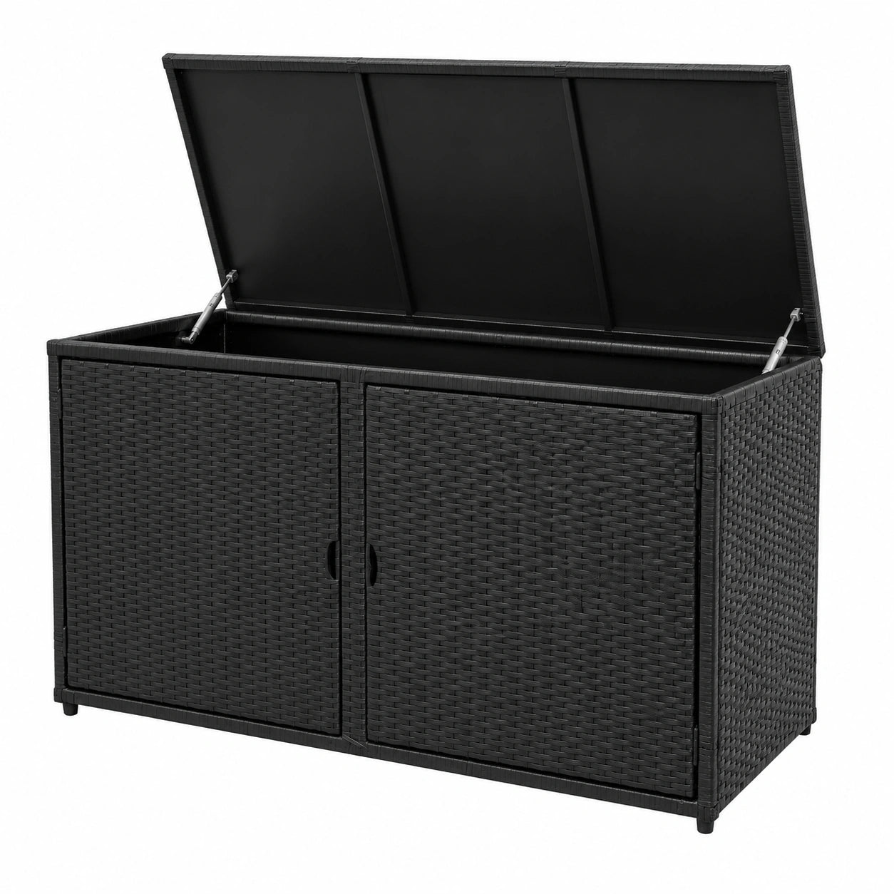 GOPLUS 335L Rattan-Aufbewahrungsbox, Kissen- und Gartenbox mit Regal und Deckel, wetterfester Schrank für Terrasse und Balkon (Schwarz)